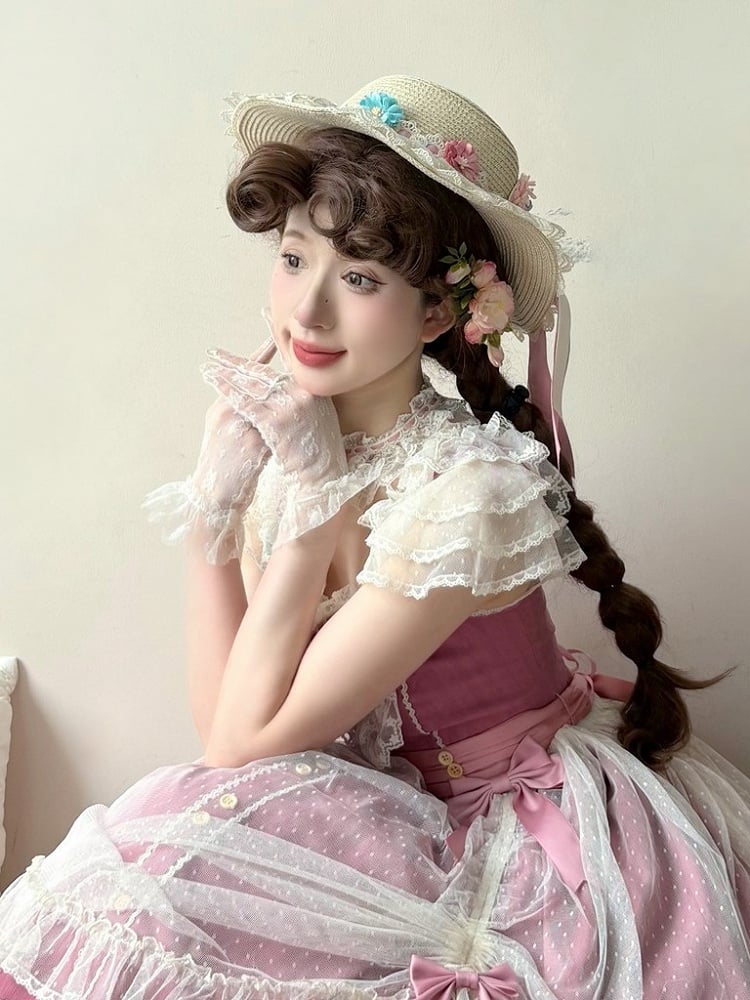 Hat Bow and with Straw Lolita Embellishments Flower Lace-trimmed