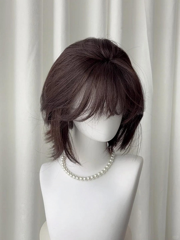 with Short Straight Bangs 30CM Full Black Wig Tea