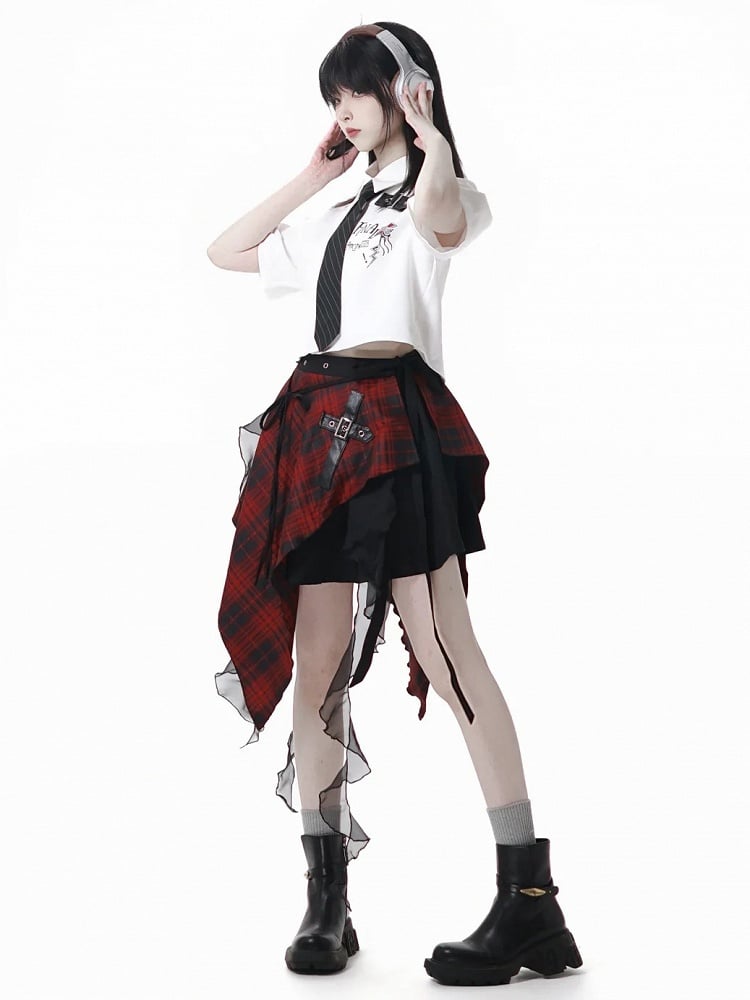 and Waist Accessory Handkerchief Hem Cascading Ruffles Black Plaid Red