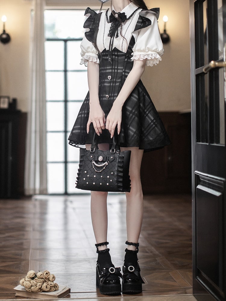 with Flutter Sleeves Waist Black Plaid Overall Dress Short Version Jirai Kei High