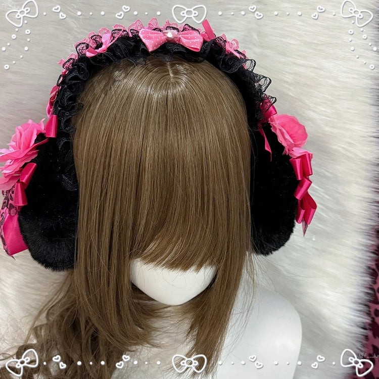 Leopard Print Gyaru Fashion with Floral Hime Pink Earmuffs