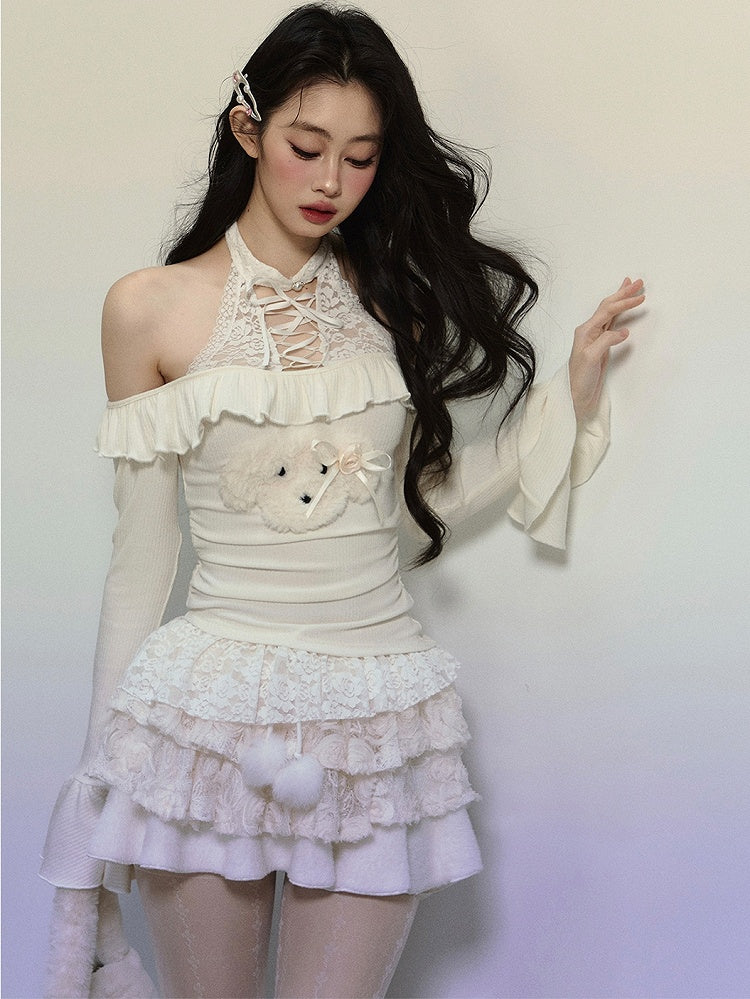 Aprikosenfarbenes Neckholder-Stricktop mit süßem Welpen-Motiv und Spitze