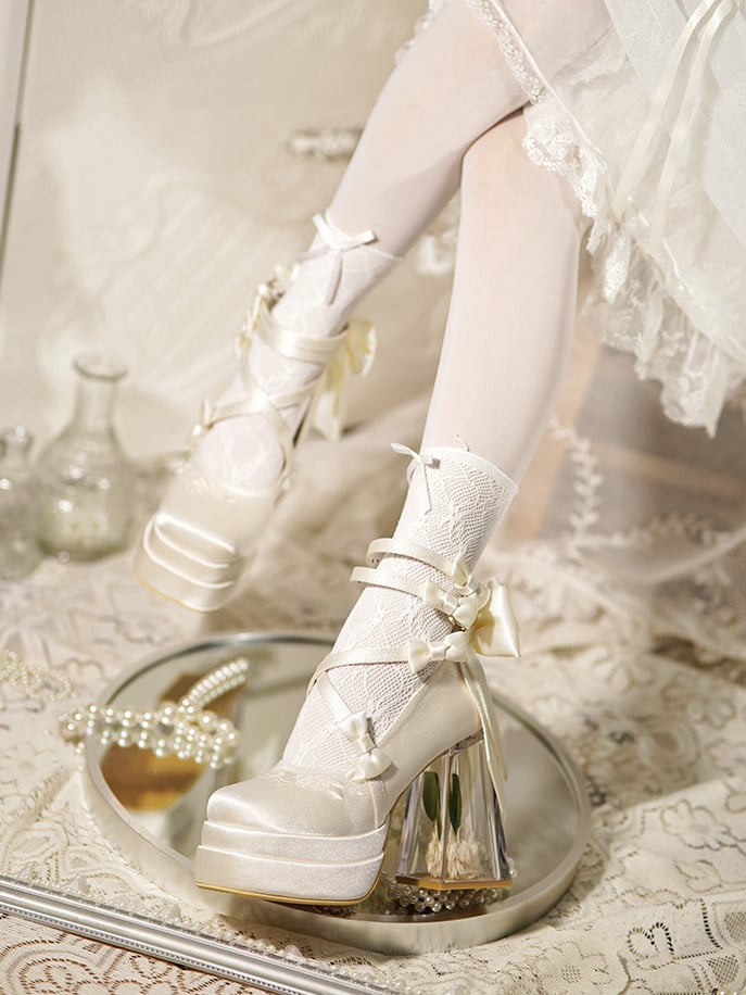 Creamy White Camellia Flower High Block Heel Elegant Platform High Heels