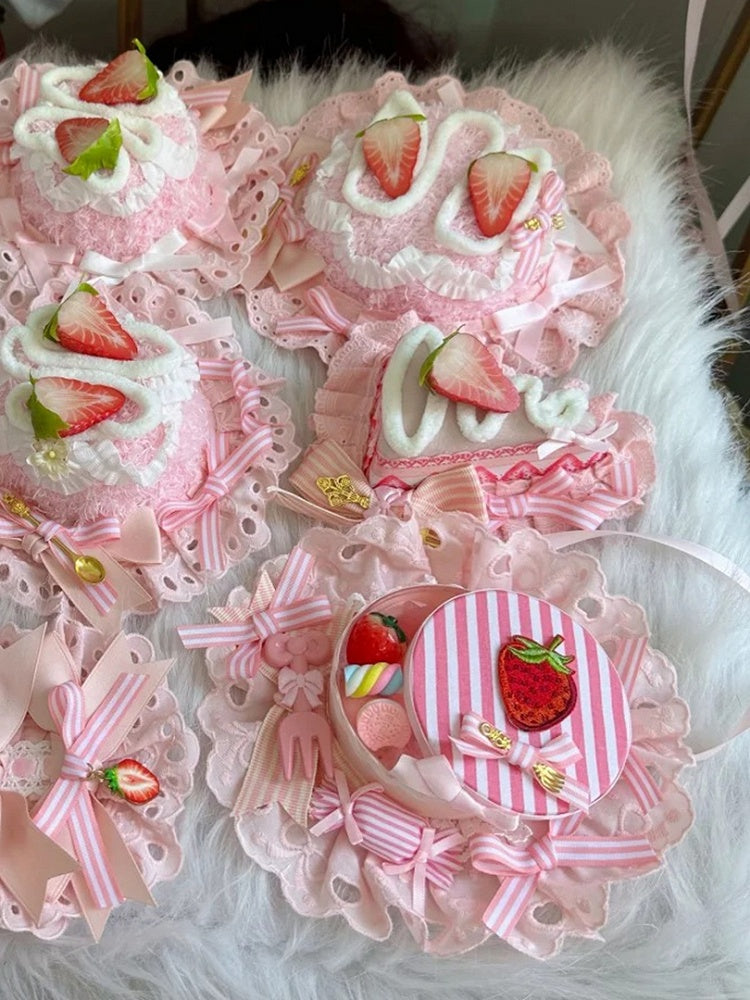 with Lolita and Striped Hairclip Embroidery Strawberry Pink Bow Candy Box White