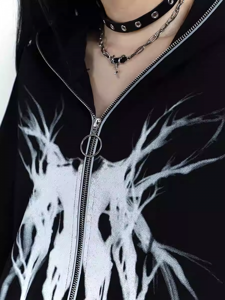 Gothic Black Zip Closure Loose Graphic Hoodie