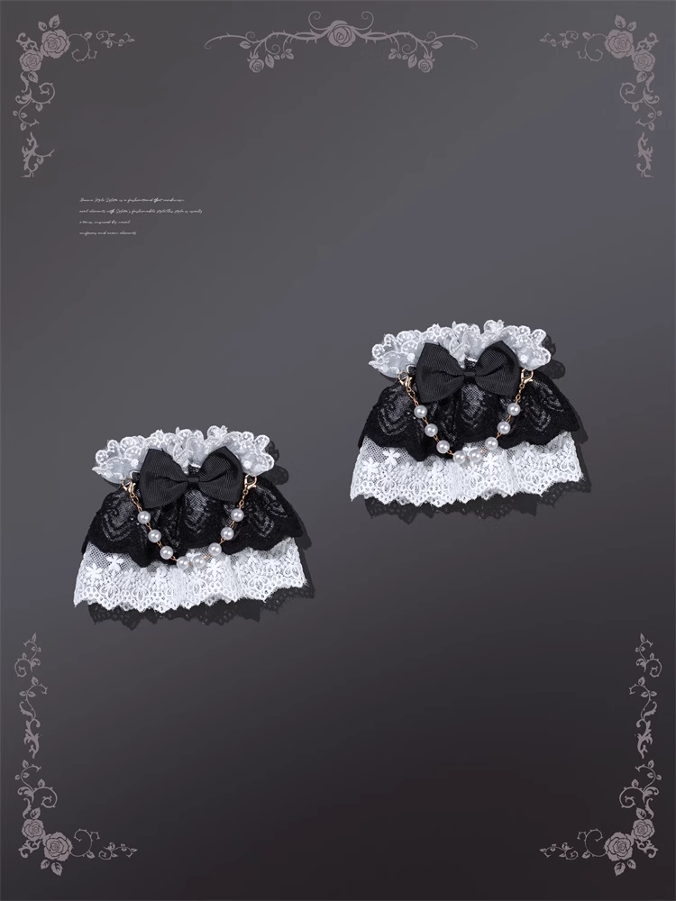 White Black Lace Wrist Cuffs with Beaded Chain and