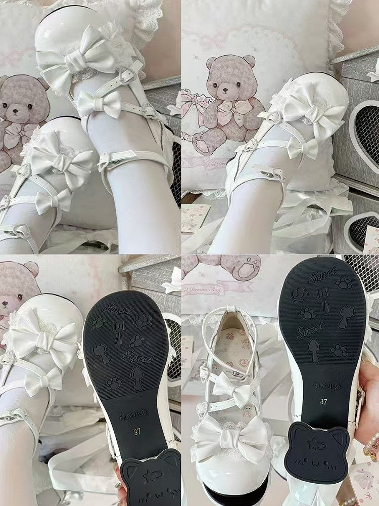 Bow Crisscross Heels White in Sweet Mid Cat with Straps Accents Lolita Heel