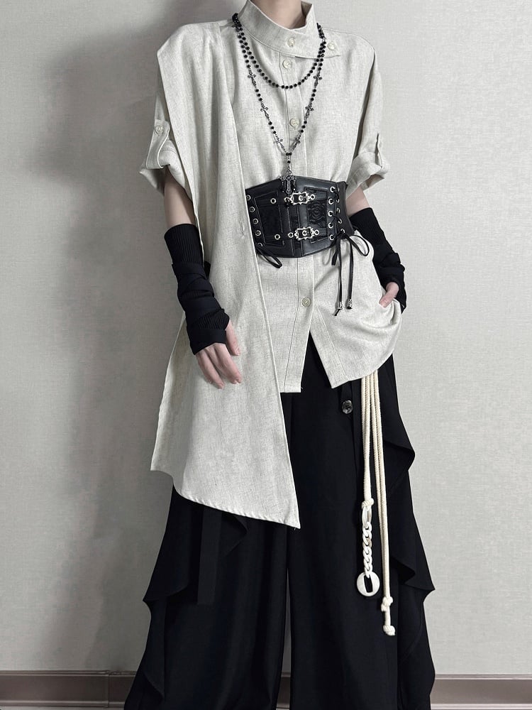 and Belt Short Collar Lace-up with Green Shirt Light Sleeve Mandarin Black Corset Design