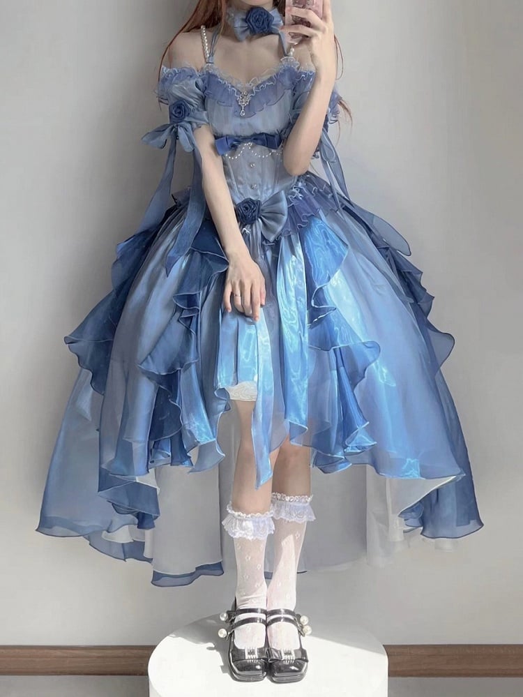 Lolita Pearl Chain Layers Bowknot Dress High-low Blue with Details Lace Sleeves Puff