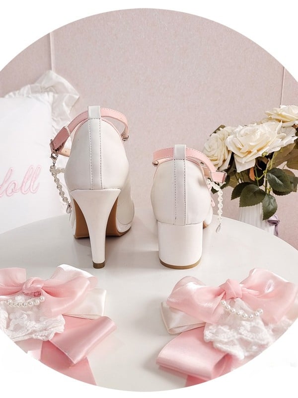 Beaded and Shoes Lolita PU Back Leather Lace with Chain Detachable High-heel Bow Elegant - Apricot Trim White