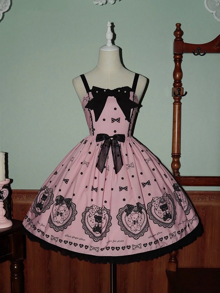 Kleid Pullover Süß Schwarz und Print Polka Niedlich Rock Lolita Punkte Teddy Pink Träger