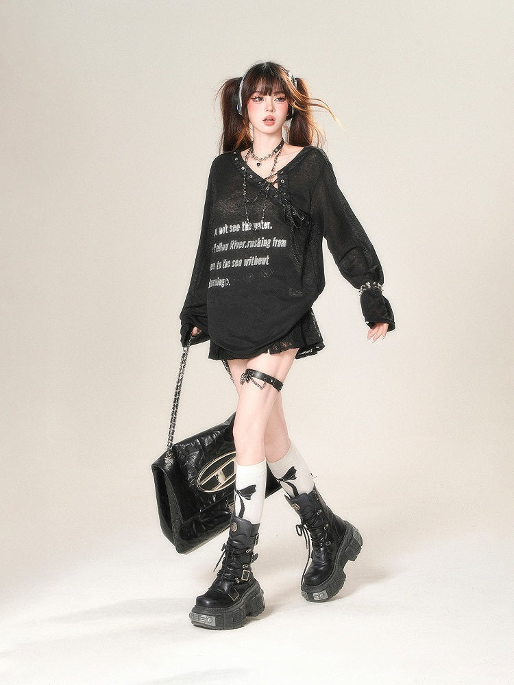 Schwarz/weißes, halbtransparentes Sonnenschutz-Top mit asymmetrischem Ausschnitt und Schnürdetail