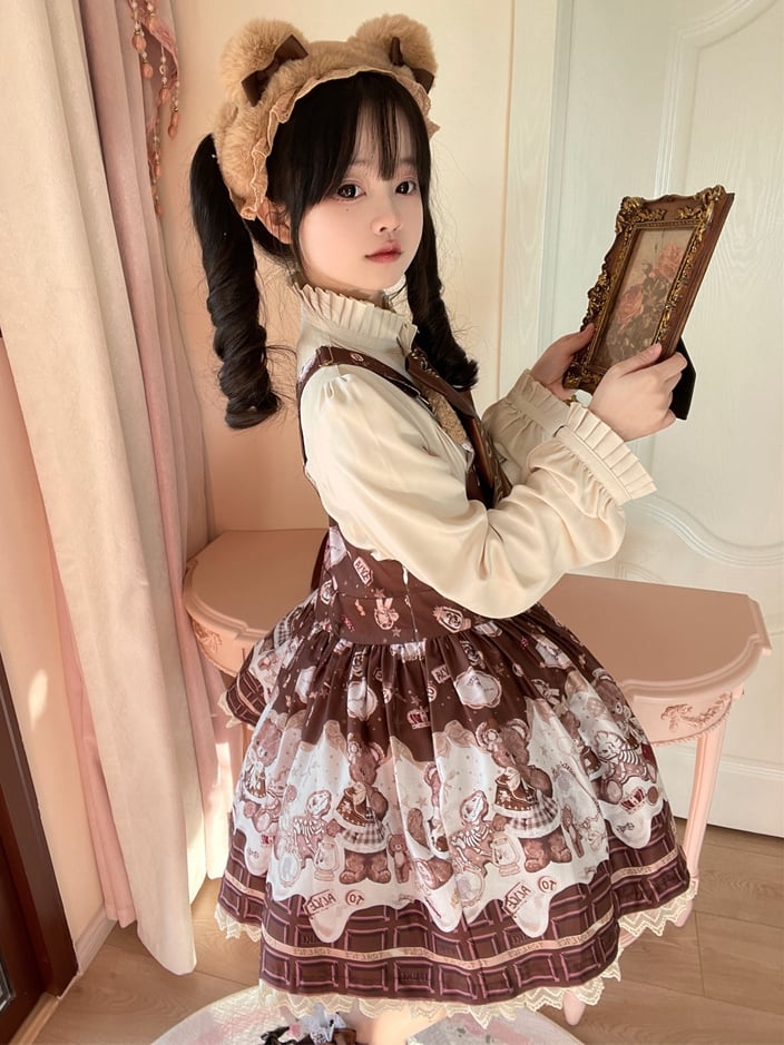 Coffee Chocolate Teddy Bear Lace Trim Big Bow Sweet Lolita Dress Jumper Skirt