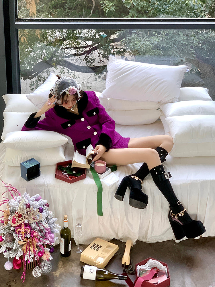 Knee Handmade Under Stockings Square Milk White/Black Rhinestone