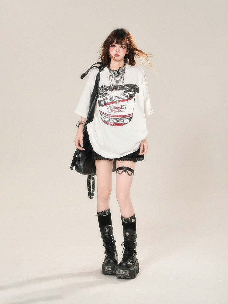 White Crew Neck Sports Loose Graphic T-shirt