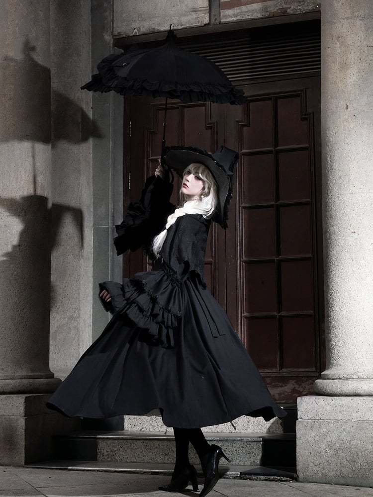 Lolita Bell Pointed Clearance-Size Long M Bust 90CM Gothic Witchy Sleeves Dress Collar Black for