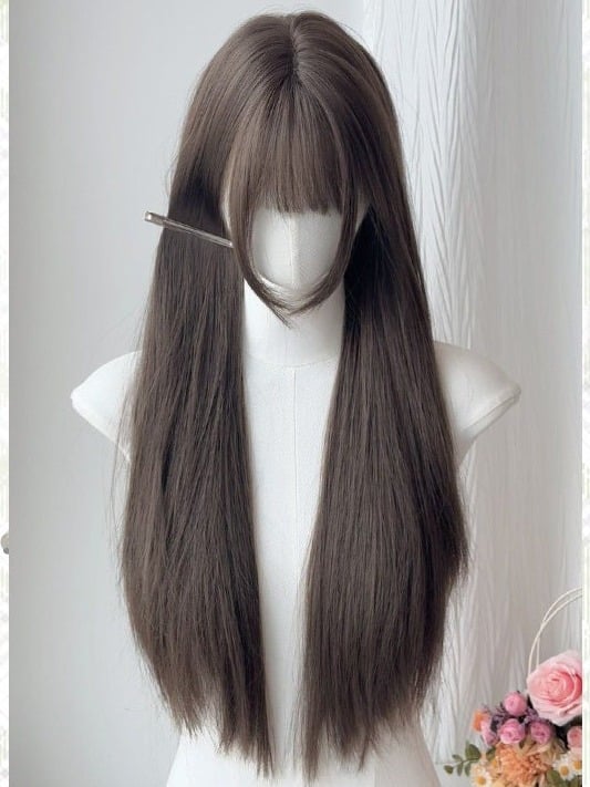 Milk Tea Long Straight Full Bangs Wig - Sleepy Fish