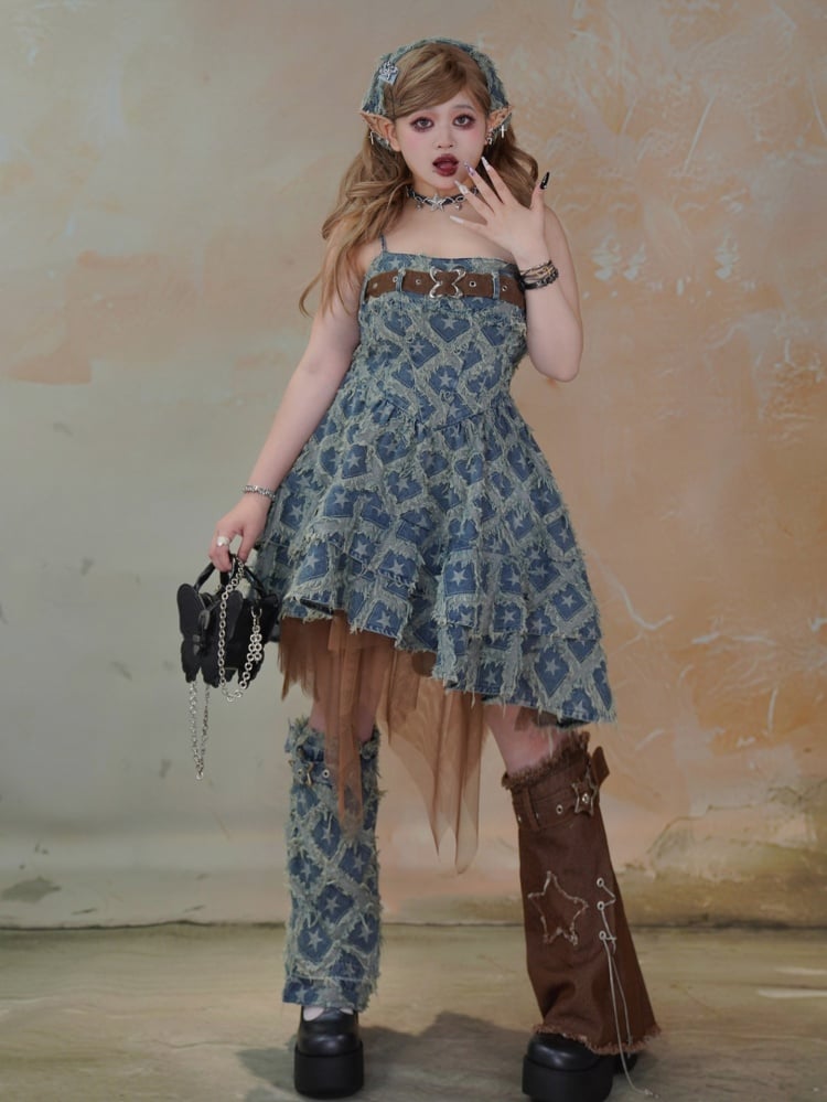 プラスサイズのブルーとブラウンの星型レッグウォーマー