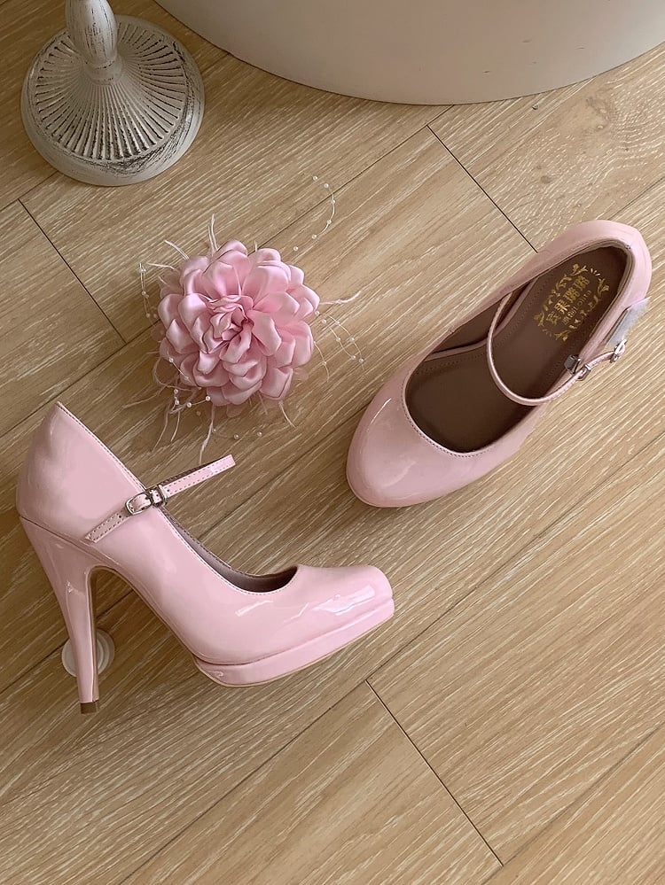 PU Floral Elegant Heels Polished in Pink Leather High Decor Lolita