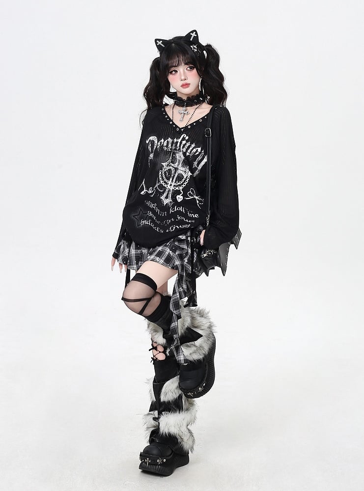 Graffiti with Punk Print Eyelet Top Neckline Semi-Sheer Black Metallic