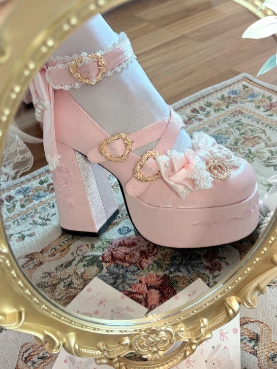 Snap Platform Detachable Chain Heel Heels Striped - Lolita Closure Pink Heart Charm Sweet Block Beaded Back Bows High