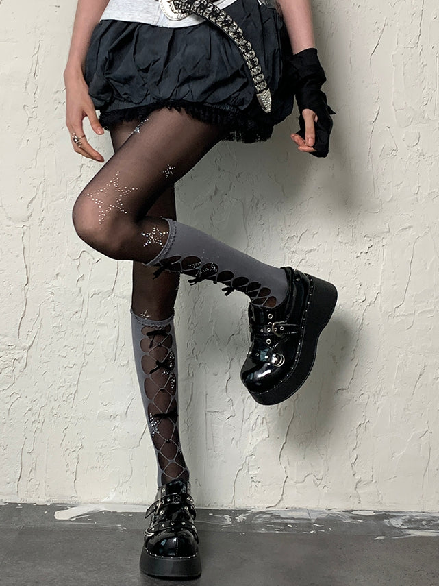 Y2K Underknee Gray Stockings Cut-out Design Details Bowknot