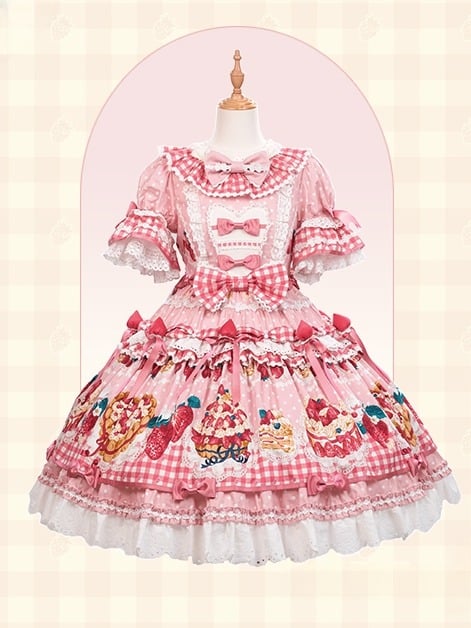 Sweet Hem Ruffle with Print Dress Lolita Cake Pink Puff Strawberry Sleeves