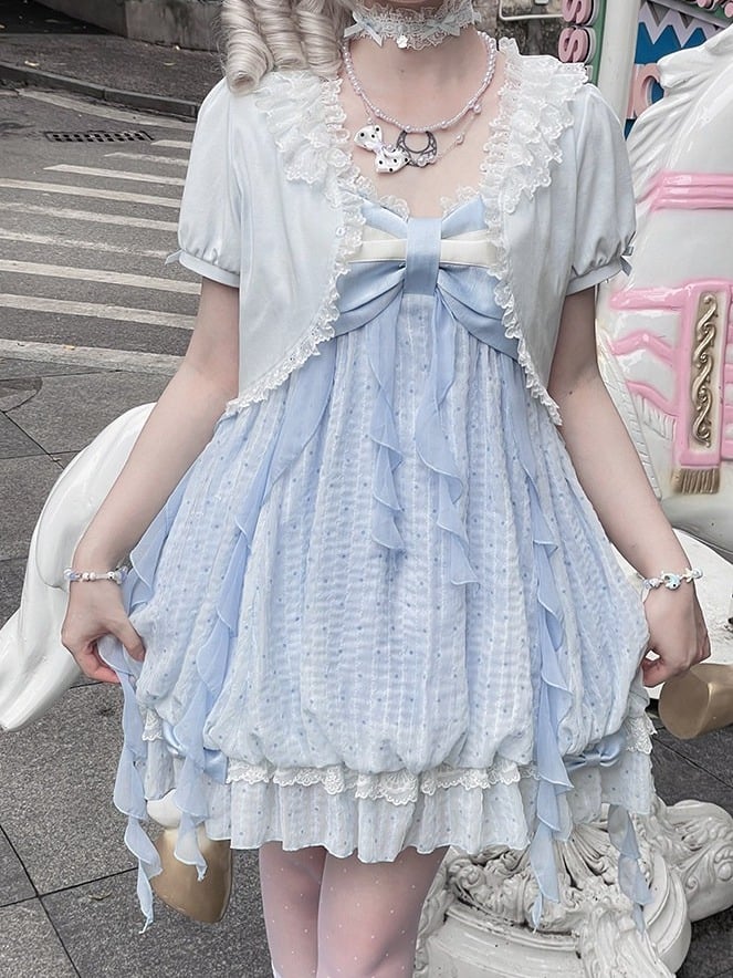 Blue Polka Dot Bow Sleeveless Bubble Dress with Lace - Tan Tuan