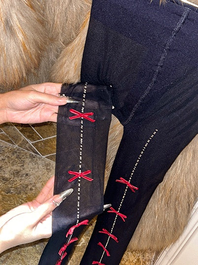 ラインストーン蝶結びタイツ