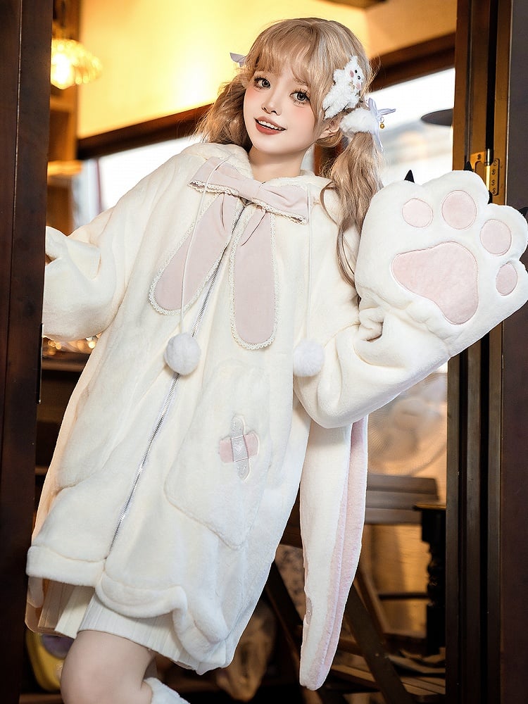 Weiß-rosa Lolita Oversized Bunny Ears Kapuzen-Plüschmantel Beinwärmer
