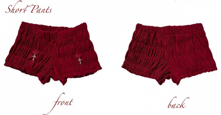 ゴシックレッドクロスローウエストルーシュミニショーツ