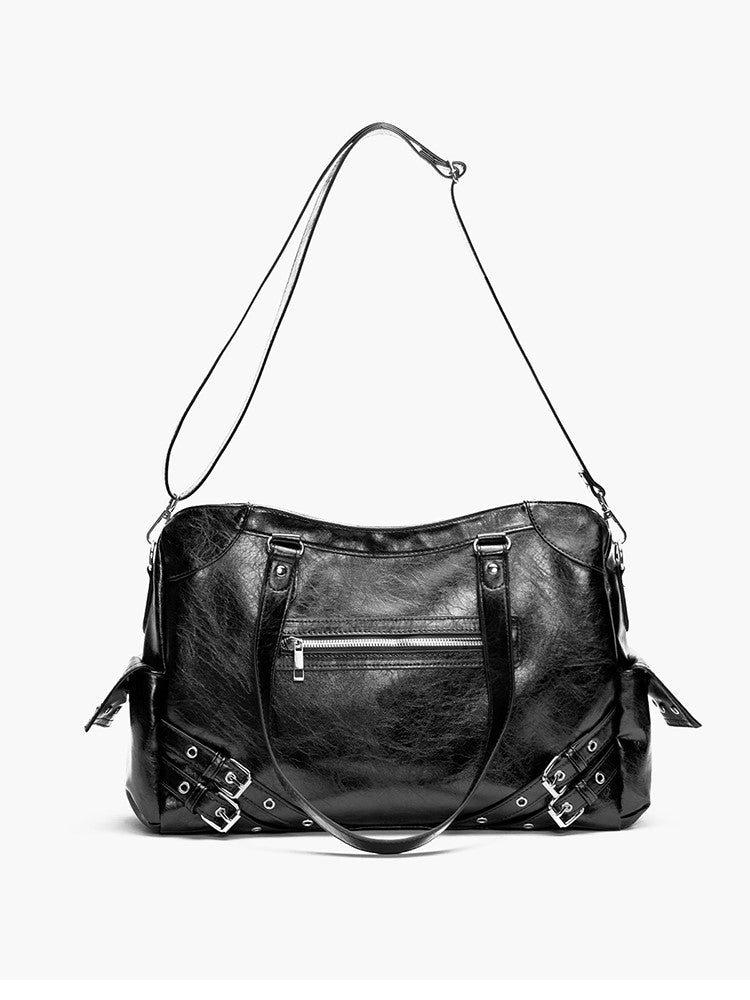 Bag Capacity Studded Tote With Strap AccentsLarge Black Buckle