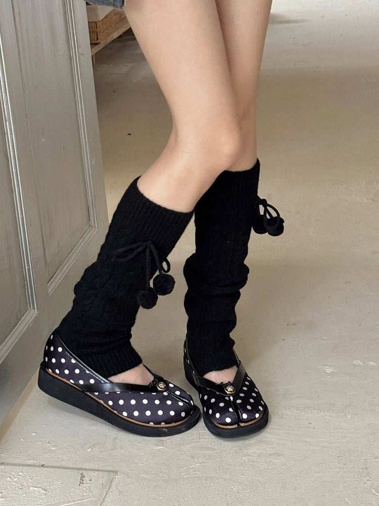 Knit Warmers Cable Leg Pom-Pom Tie with