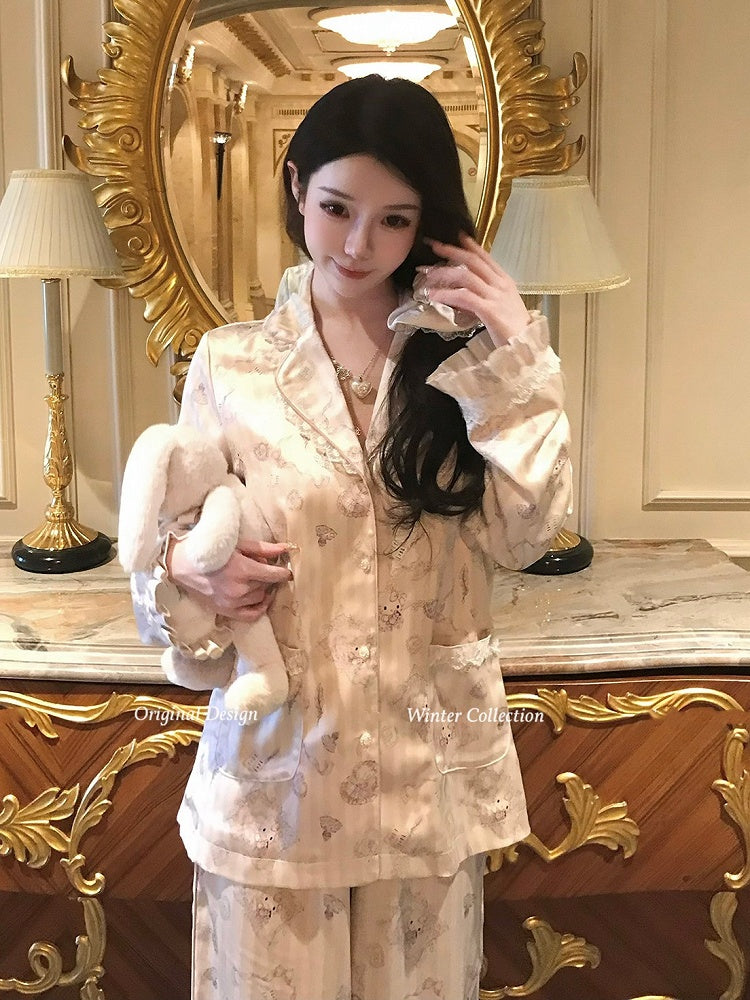 Satin Pajama Lace with Cat Lining Trim Set Print Fleece