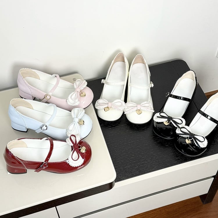 Heeled PU Lolita Sweet Bow Round 3.5cm with Scalloped in Red Snap Shoes Hem