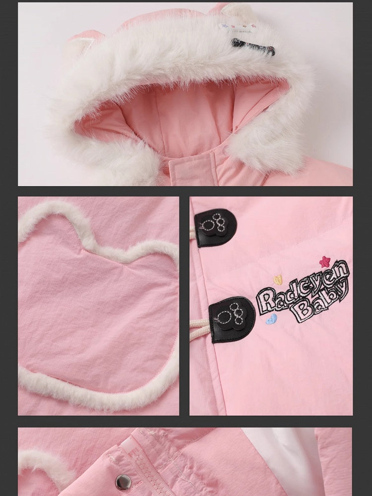 Black/Pink Letters Cat Ears Design Hooded Puffer Jacket
