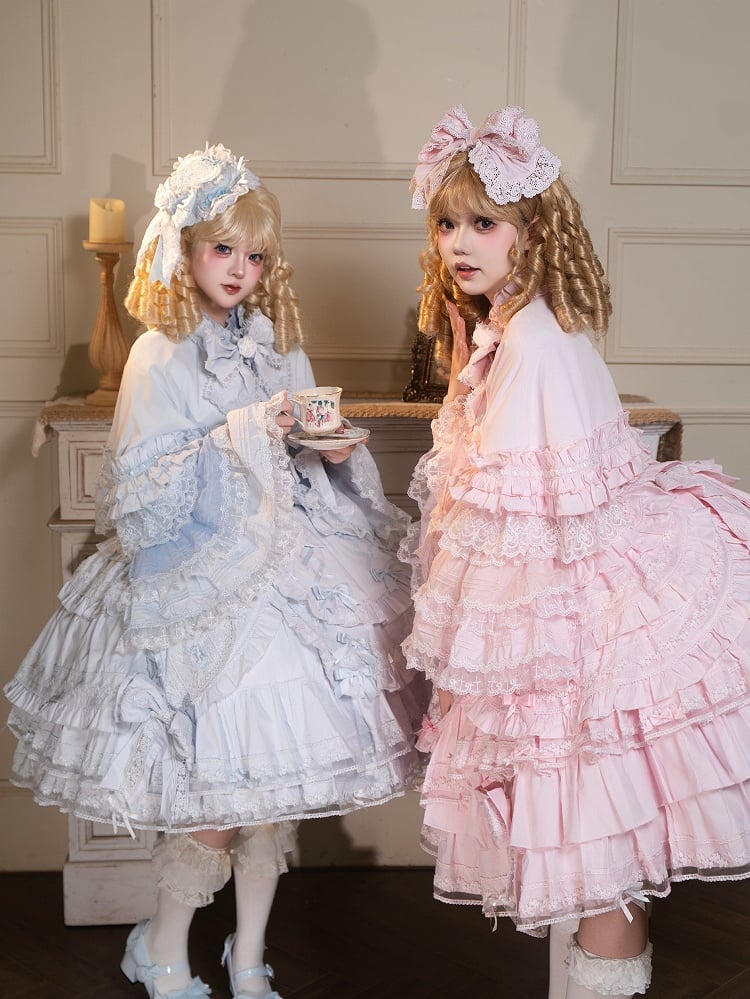 and Red Wine Beige Ruffle / Blue Accent Lace Cape Pink