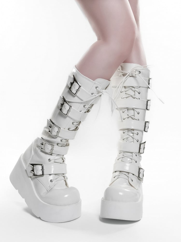 Boots PU White Platform Punk Triple Fastening with - Knee-High Lace/Buckle/Zip System