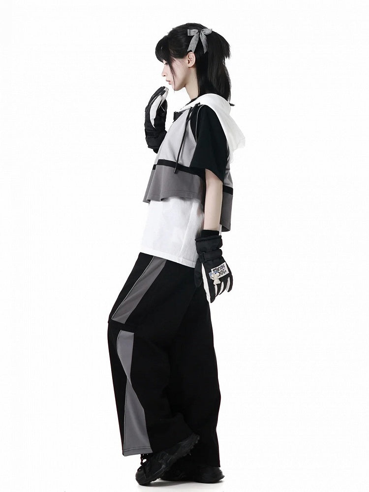 T-Shirt Star Print Black White Colorblock Design