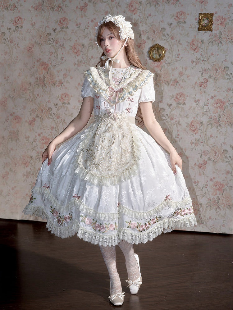 Beige Lace Trim Floral Embroidery Sheer Apron