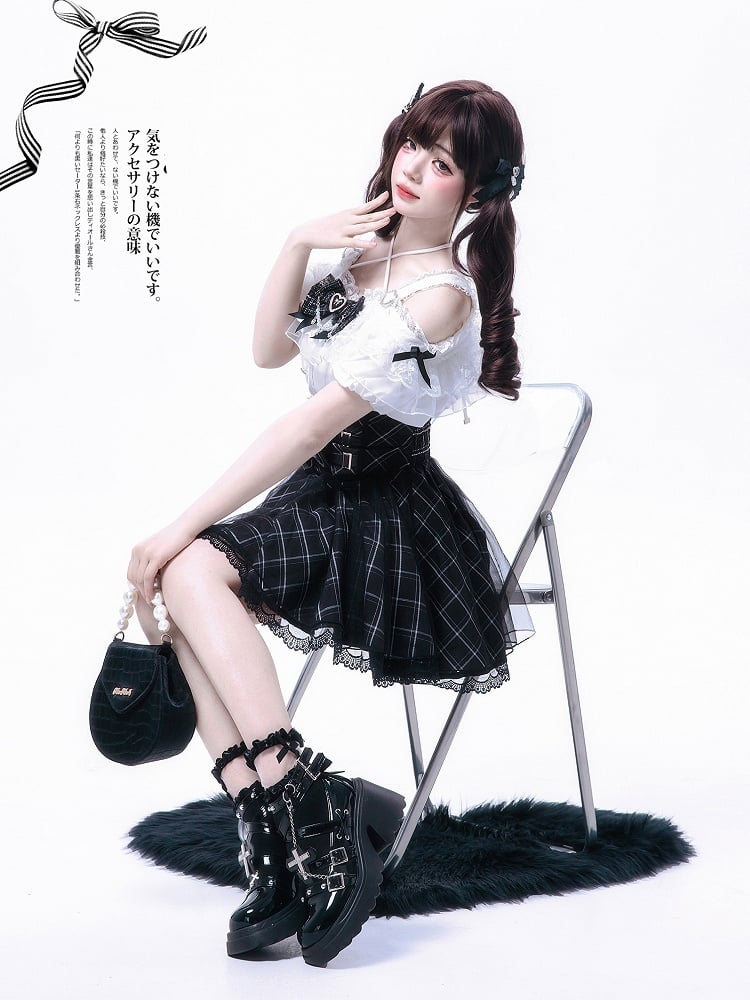 Bow Black Dual Skirt Jirai with Overlay Accents Plaid Layered High Waist Kei