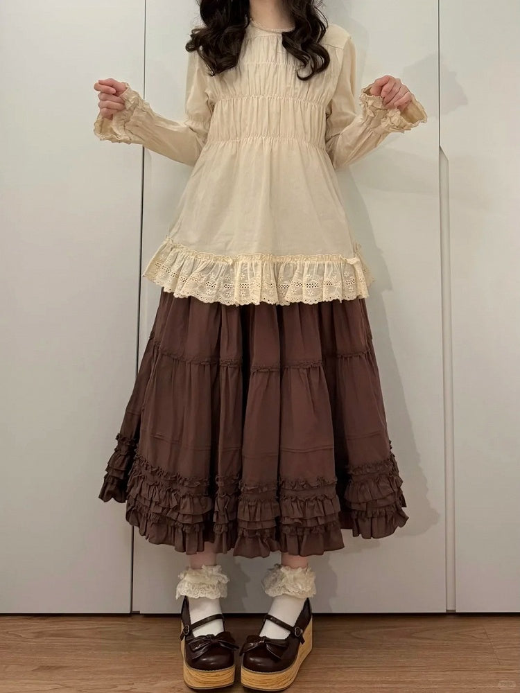 Cotton Multi-Layer Brown Hem Lolita Loose Elegant Skirt Ruffled