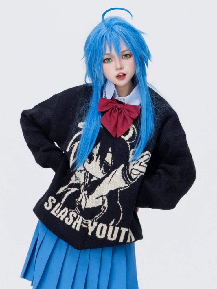 Cartoon Mädchen Strickpullover mit Print und Buchstaben in Schwarz