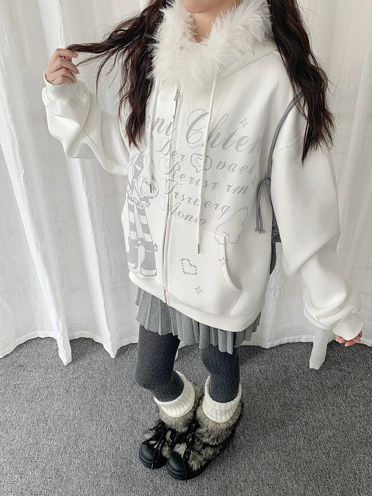 White Plush Hood Y2K Hoodie Trim with Jacket