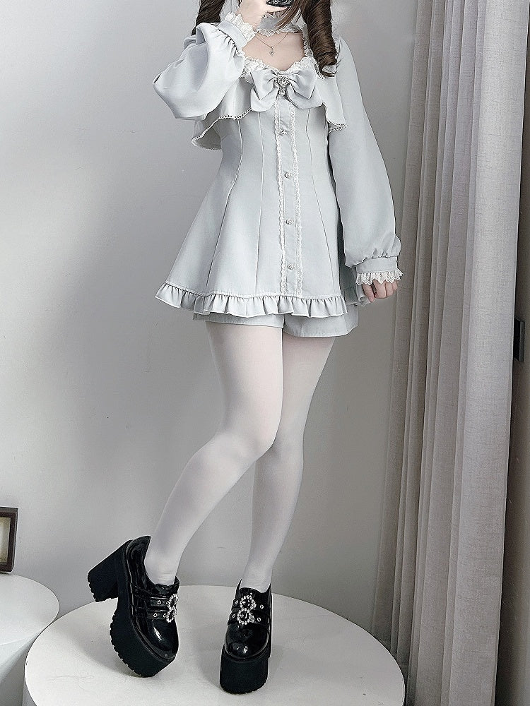 Jirai Kei Gray Long Sleeve Full Set : Lace-Trimmed Square Neck Top & Shorts with Detachable Bow Tie and Choker