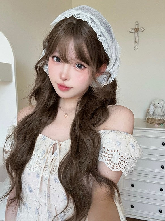 ブラウンの前髪付きエアウィッグ 72CM ウェーブ長さ