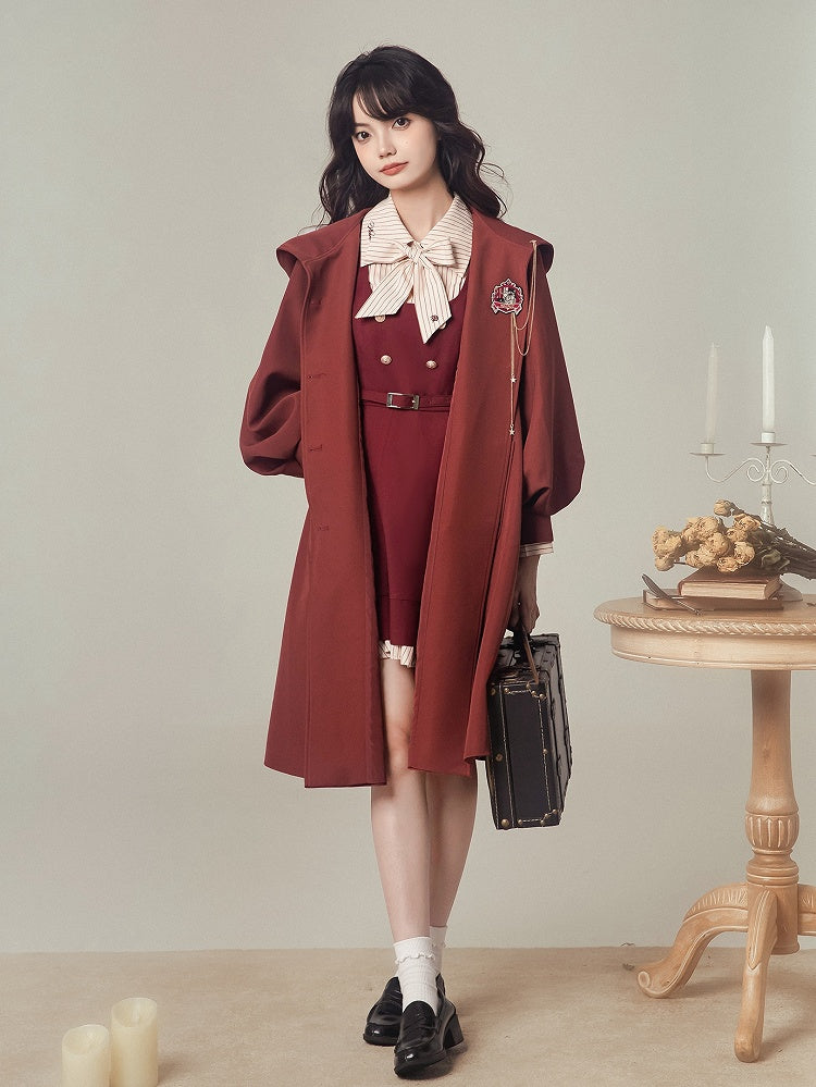 Red Balloon Coat Preppy Hooded Long Sleeves