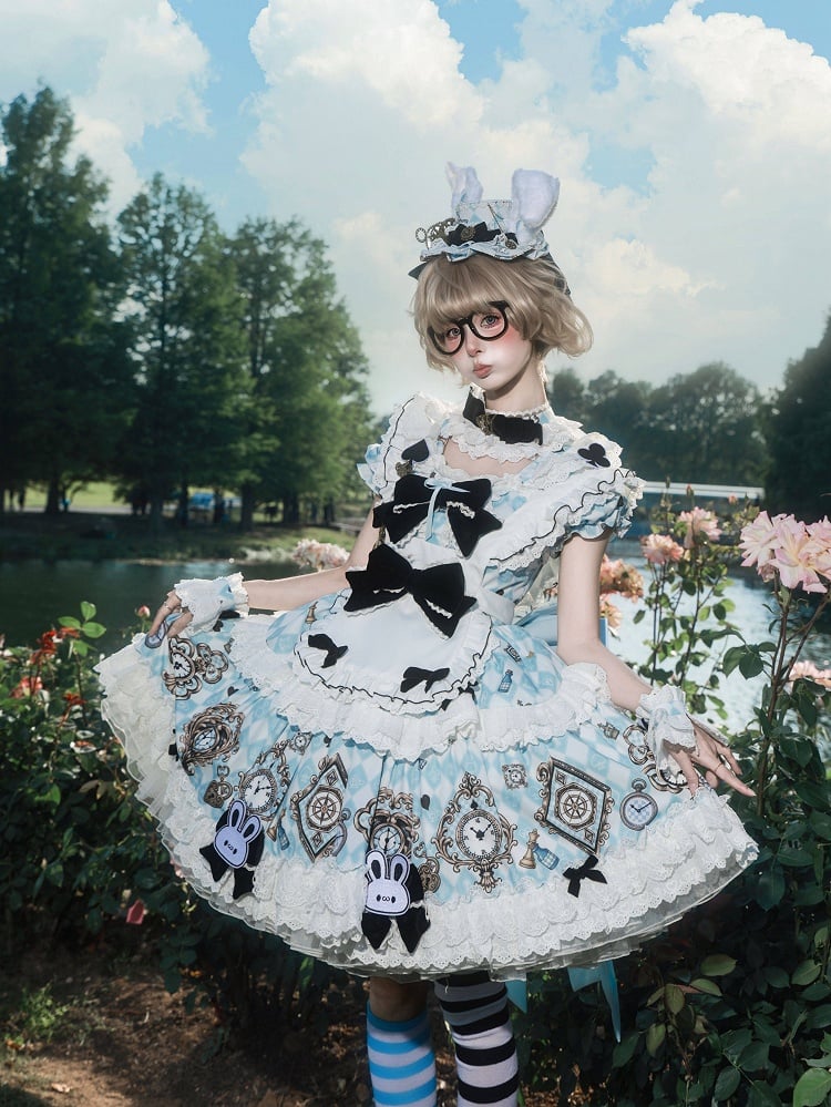 Blue White Alice Wonderland Sweet Lolita OP Dress Set - Untitled Heartbeat