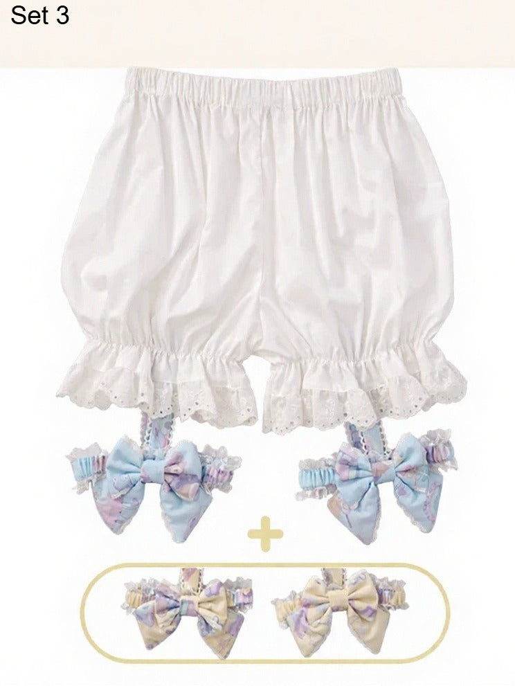 White Lolita Pumpkin Shorts with Removable Blue and Yellow Bow Leg Rings - Vcastle
