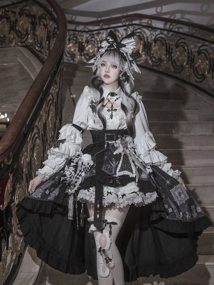 with Trims Skirt Black Elastic Ruffle Small Bows Waist White